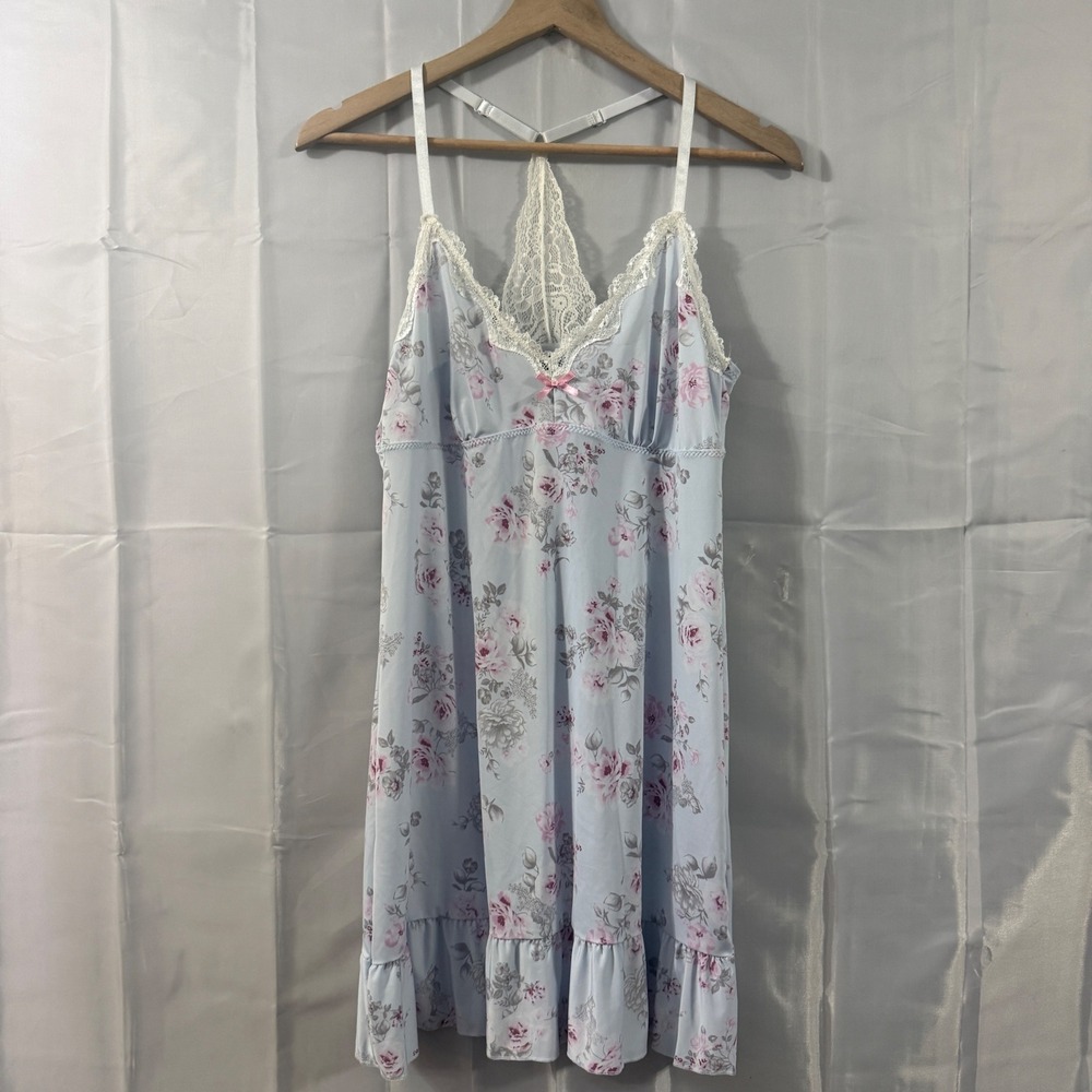 Laura Ashley Blue Pink Floral Lace Racerback Chemise Nightgown L Sexy‎ babydoll